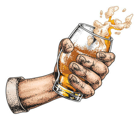 Hand holding a frosty glass of beer with foamのイラスト素材