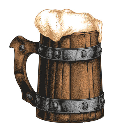 Enjoying a cold beer from a wooden mug at sunsetのイラスト素材