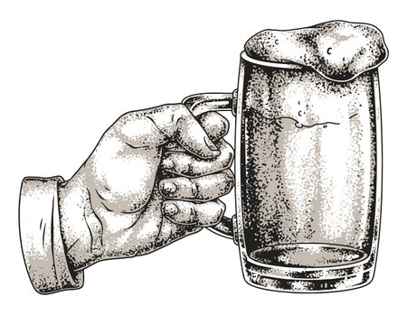 Hands holding a frosty beer mug with foamのイラスト素材