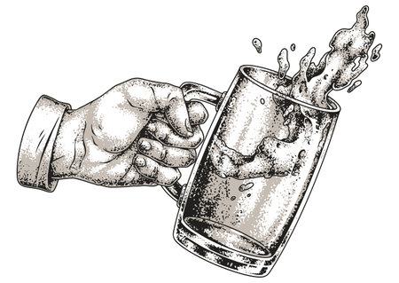 Classic hand holding beer mug with spilling foamのイラスト素材