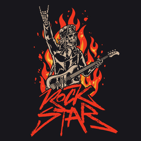 Rock star performing amidst blazing flamesのイラスト素材