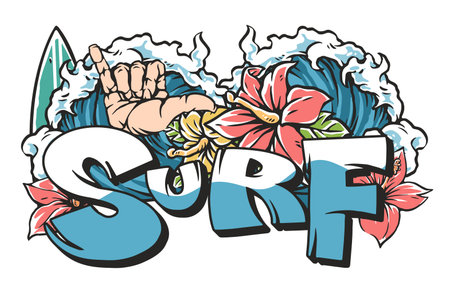 Surfing design featuring waves and flowersのイラスト素材