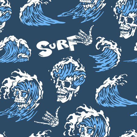 Unique surf-themed pattern with skulls and wavesのイラスト素材