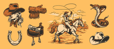 Cowgirl on horse with lassoのイラスト素材