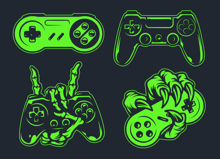 Four video game controllers are shown with different designs. One has a skeleton hand another...