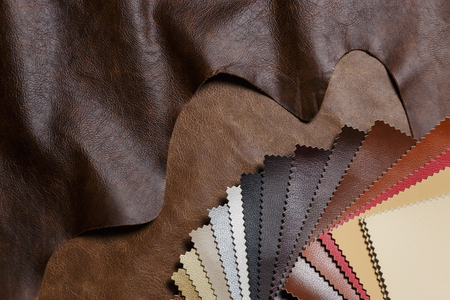 The composition of leather samples on a natural cow leather. Top view.の写真素材