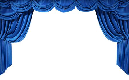 Blue velvet curtains isolated on white background, 3d illustrationの写真素材