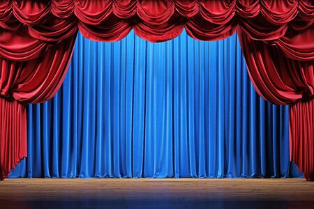Theater stage with red and blue velvet curtains. 3d illustrationの写真素材