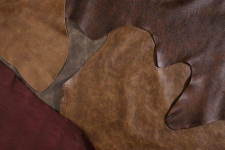 Natural cow leather samples texture. Top view