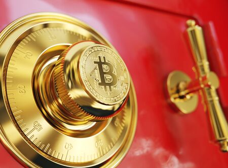 = Red safe deposit box. Conceptual image with golden Bitcoin symbol on the handle. 3D illustrationの写真素材