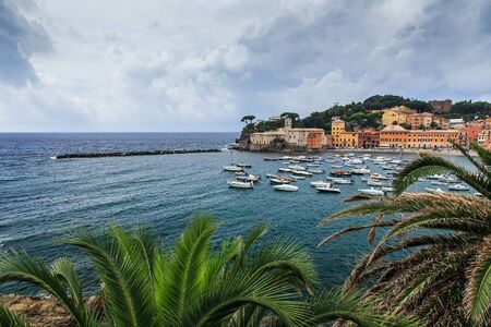 Sestri Levante silence bay or Baia del Silenzio. Sea harbor and beach. Liguria, Italy.の写真素材