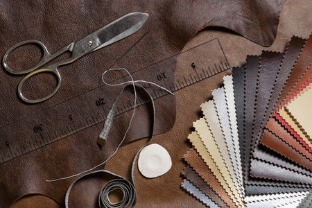 Crafting tools on natural cow leather in the tailoring workshop. Top view