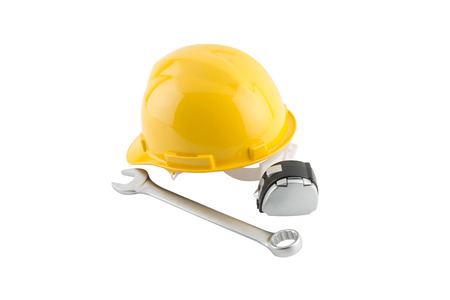 Hard Hat and Measure tape on white background.の写真素材