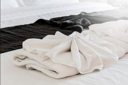 Freshly laundered fluffy towels in bedroomの写真素材