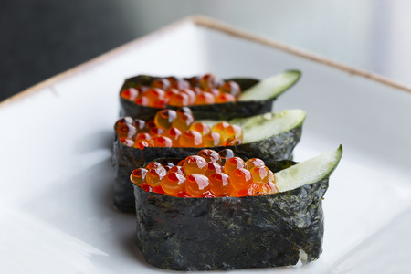 Salmon egg on sushiの写真素材