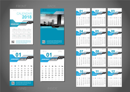 Calendar 2018 template design, blue cover, Set of 12 Months, Vector design stationery template.のイラスト素材