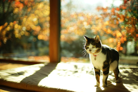 A tabby cat standing against the background of autumn leavesの写真素材