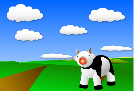 Cow on a green meadow with the landscape and the roadのイラスト素材