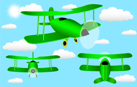 Cartoon plane with three sides in the sky with cloudsのイラスト素材