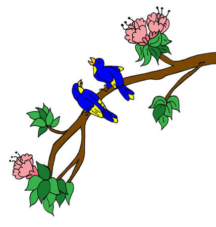An illustration of two blue burds sitting on a tree branch, isolated on white.のイラスト素材