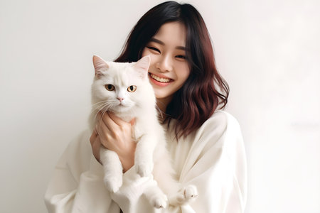 Beautiful asian woman holding white cat in hands on white backgroundの素材