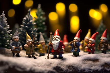 Christmas and New Year miniature scene with Santa Claus, snowman and elf. Festive holiday background. Selective focus.の素材