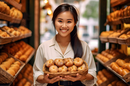 happy young asian woman holding basket with breads in bakery shopの素材