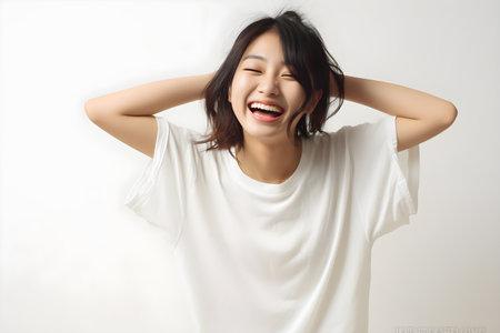 Happy asian woman laughing with her hands behind her head on white backgroundの素材