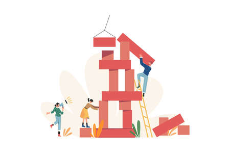 Group of people build a random shape blocksのイラスト素材