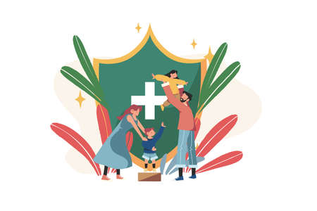 Mother father daughter son gets family protectionのイラスト素材