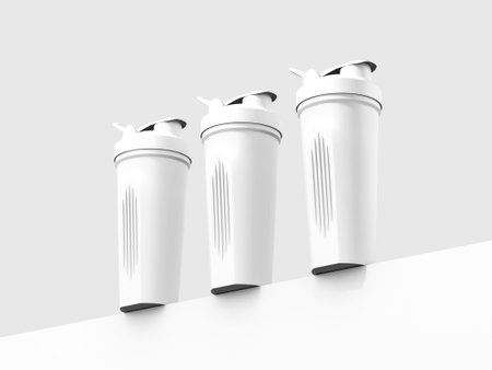 3D Render of Three Realistic White Sport Bottles Mockupの写真素材