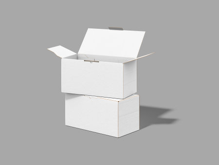 Blank white paper box mockup isolated on gray background. 3d renderingの写真素材