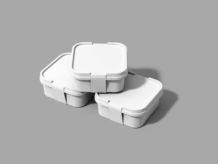 White plastic food containers mockup isolated on grey background with clipping pathの写真素材