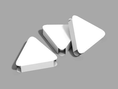 3d rendering of three white paper triangles isolated on gray background.の写真素材