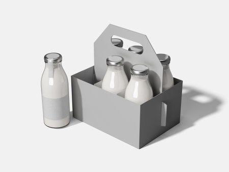 Milk bottles in a cardboard box on a gray background. 3d renderingの写真素材