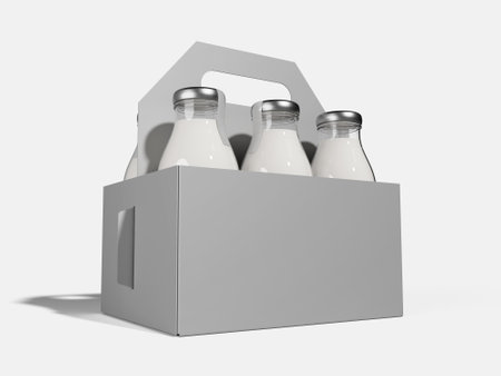 Milk Bottles in Box on Gray background. 3D Renderingの写真素材