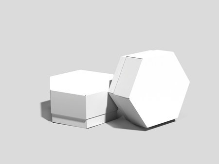 3d Rendering of two Hexagon Boxes on Gray Backgroundの写真素材