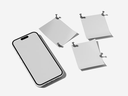 Blank Phone Screen with Three Sticky Note Mockup 3D Renderingの写真素材