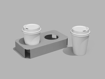 Two Coffee Cup with Tray Holder Mockup Drink Takeaway Packagingの写真素材