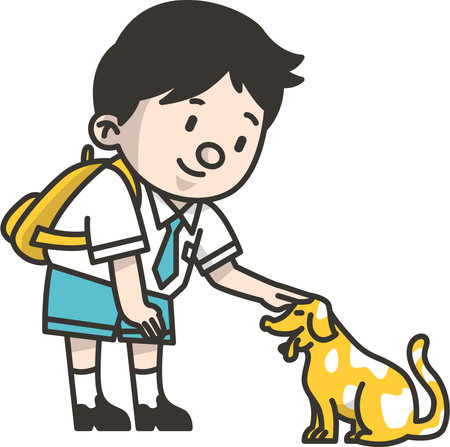 Student Boy with Backpack Petting Dog to Show Kindness and Care Illustrationのイラスト素材