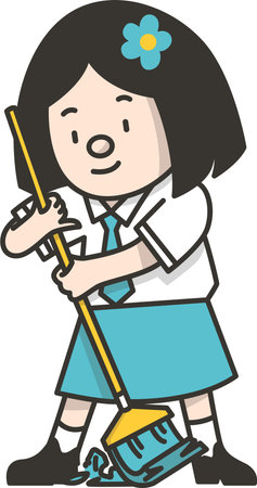 Student Girl Sweeping Floor with Broom to Promote Cleanlinessのイラスト素材