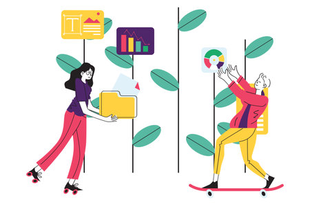 Data Management and Information Transfer on Roller Skates Illustrationのイラスト素材