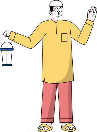 Young Boy Holding a Single Ramadan Lantern Illustrationのイラスト素材