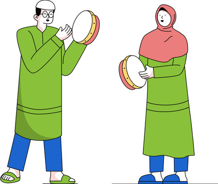 Kids Playing Rebana Traditional Islamic Drum Illustrationのイラスト素材