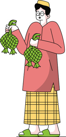 Boy Holding Ketupat for Eid al-Fitr Celebration Illustrationのイラスト素材