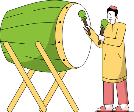 Boy Playing Bedug or Ramadan Drum Illustrationのイラスト素材