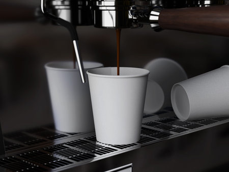 White Blank Paper Cup Mockup 3D Rendering on Coffee Machine for Coffee Packagingの写真素材