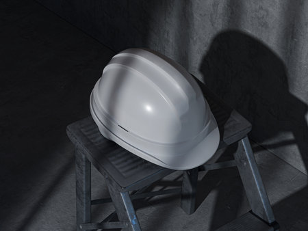 White Blank Construction Helmet Mockup on Stool in a Dimly Lit Industrial Setting 3D Renderingの写真素材
