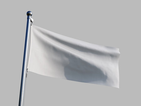 Blank White Waving Flag Mockup 3D Render on Metal Pole with gray backgroundの写真素材