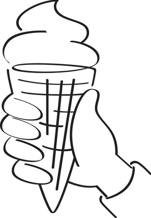 Black and White Outline of a Hand Holding a Scooped Ice Cream Coneのイラスト素材